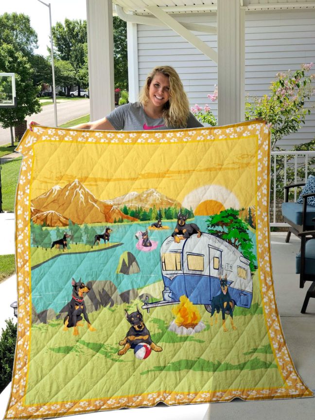 Doberman Camping Quilt Blanket - Go Camping By The River With Your Doberman