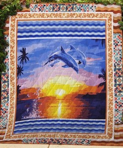 Dolphins Oil Painting Dolphin Lo Quilt Blanket - A Chic and Artistic Addition to Your Bedding