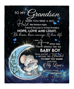 Elephant Grandson Fleece Blanket for Baby Boy with Keywords
