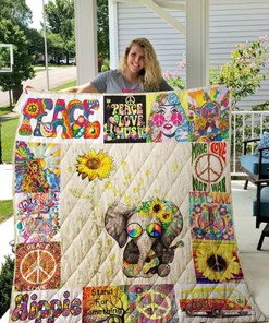 Elephant Sunflowers Make Love Not War Boho Quilt Blanket