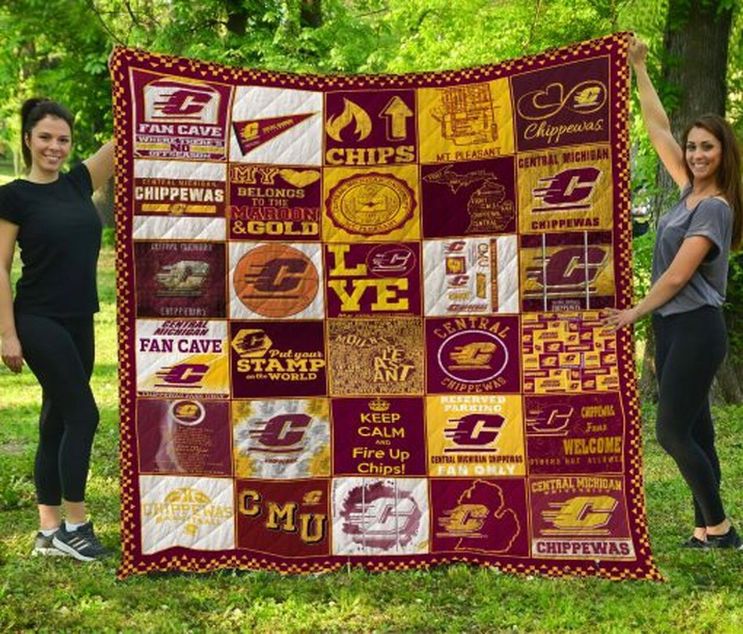 Fan Cave Ncaa Central Michigan Chippewas Quilt Bedding Set with Soft Quilt Blanket