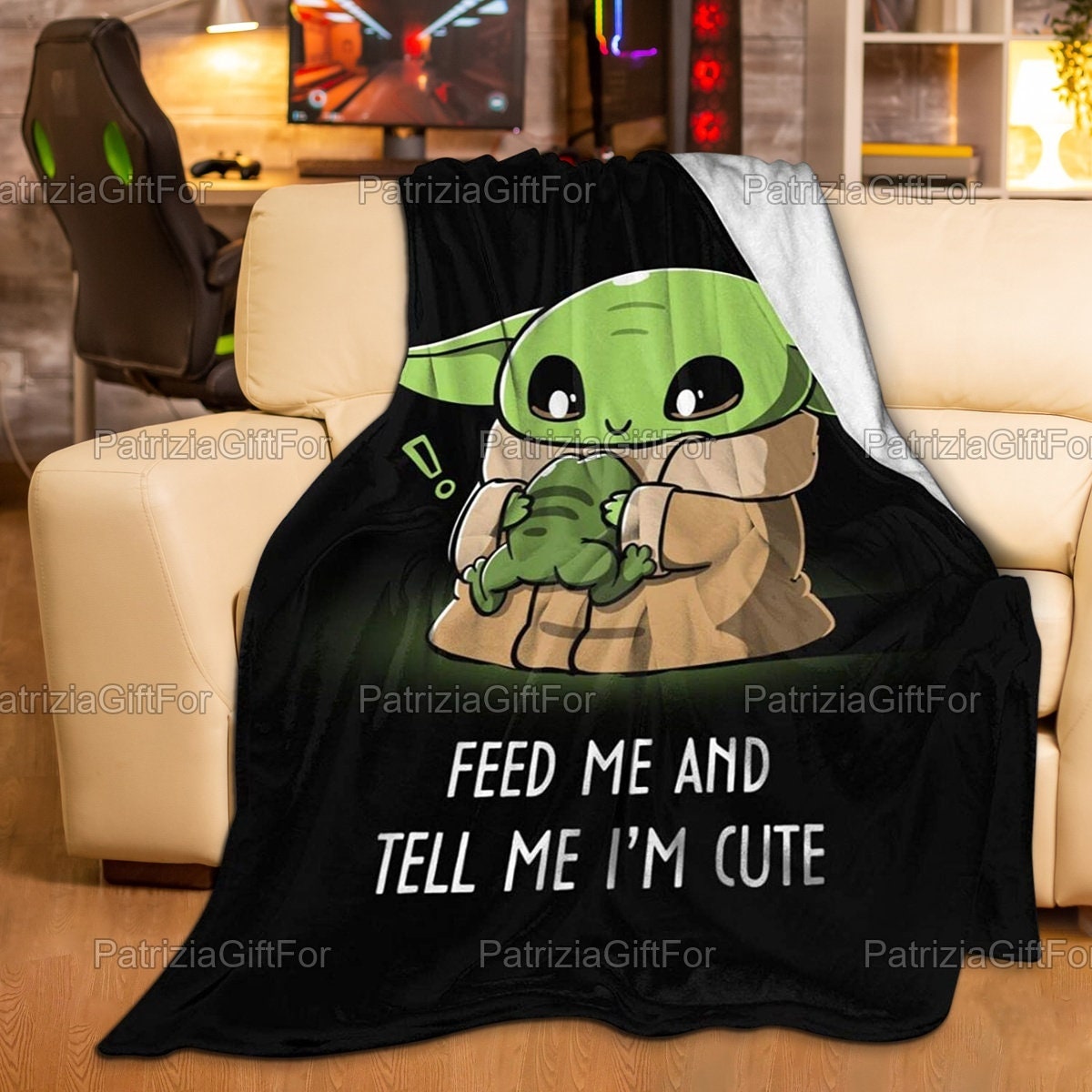 Feed Me And Tell Me I'm Cute Baby Yoda Fleece Quilt Blanket with Quotes, Bed Set Vintage