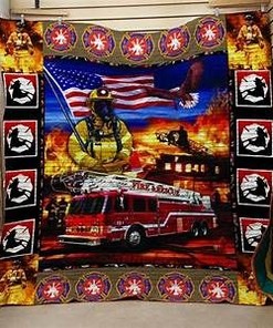 Firefighter Car American Flag Fleece Quilt Bedding Set