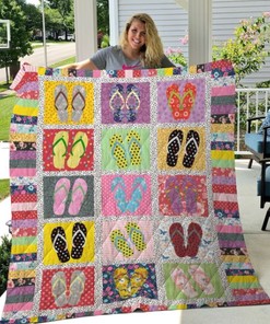 Flip Flop Art Collection Quilt Blanket with Beachy Theme