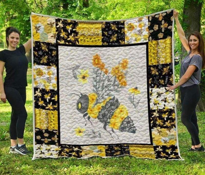 Flower And Bee Yellow Black Pattern Quilt Blanket with Bed Set Twin