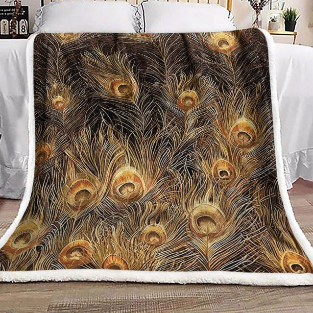 Golden Peacock Feather Quilt Blanket for Bird Lovers
