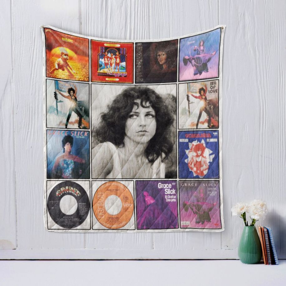 Grace Slick Vinyl Design Quilt Blanket with Musician Theme