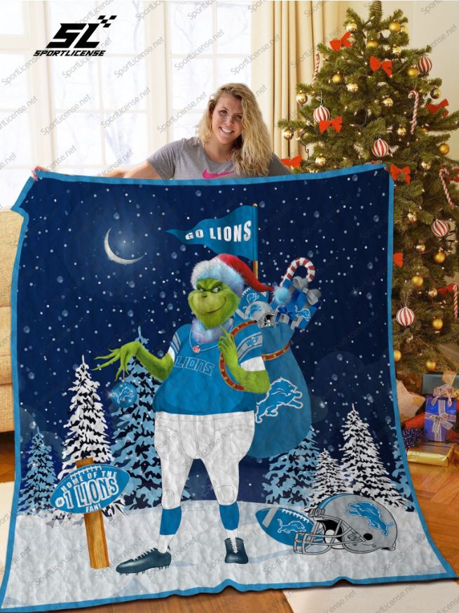 Grinch Santa Detroit Lions Quilt Blanket - Festive Blanket for Christmas and NFL Fans