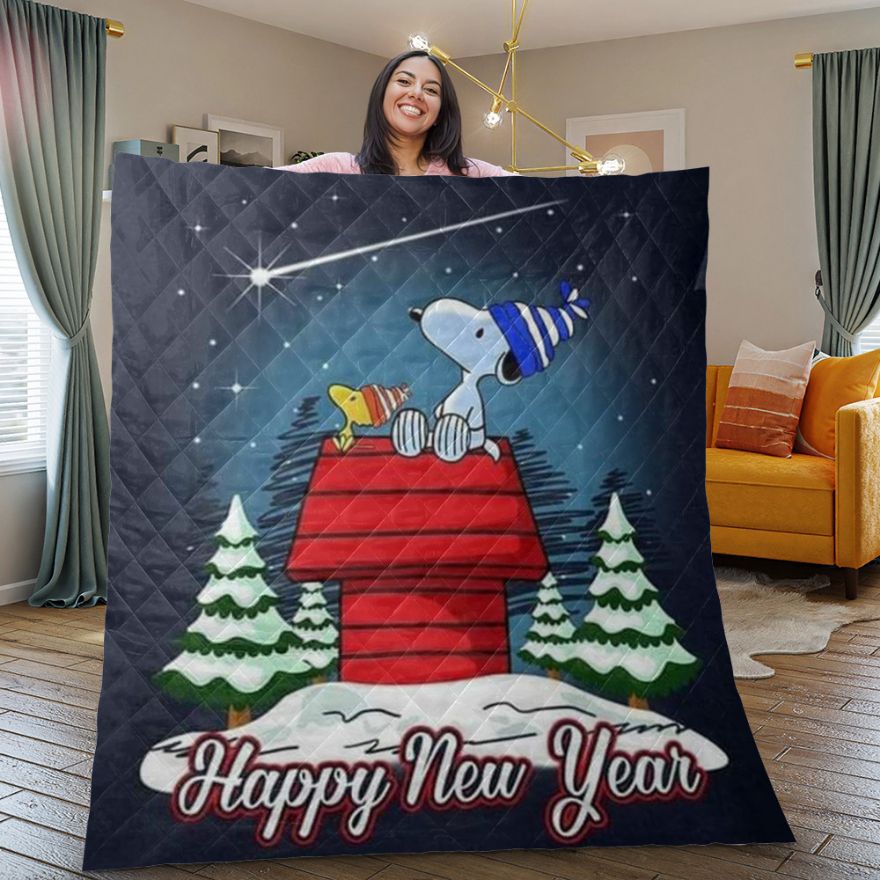 Happy New Year with Snoopy and Woodstock Quilt Blanket - Personalized Gifts for Fans