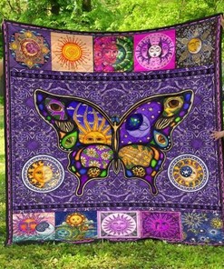Hippie Quilt Blanket Featuring Sun, Moon, And Butterflies
