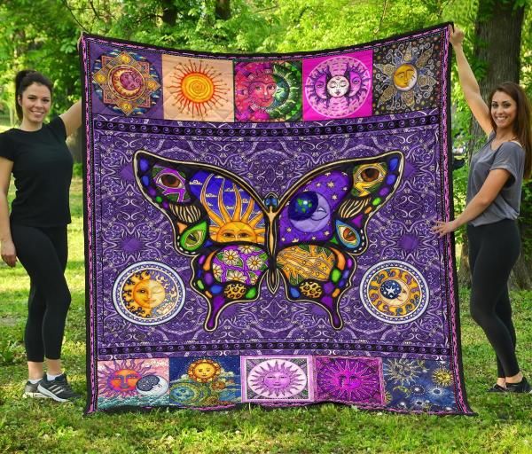 Hippie Quilt Blanket Featuring Sun, Moon, And Butterflies