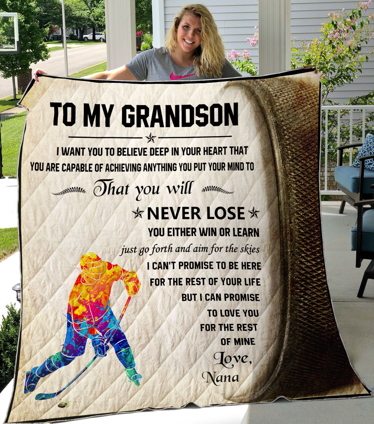 Hockey To Grandson We Want You To Believe Deep In Your Heart Personalized Quilt Bedding Set
