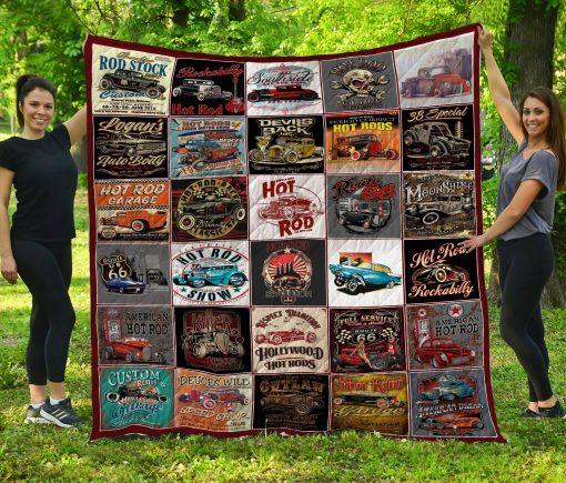 Hot-Rod Collage: Quilt Bedding Set for Automobile Enthusiasts with Fleece Blanket