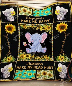 Humans Make My Head Hurt Elephant Sunflower Quilt Blanket - Funny Gift for Elephant Lovers