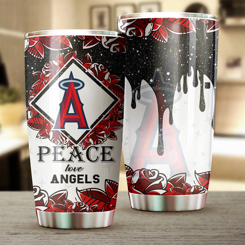 Los Angeles Angels MLB Tumbler with Peace Love Design and MLB Logo - Image 2