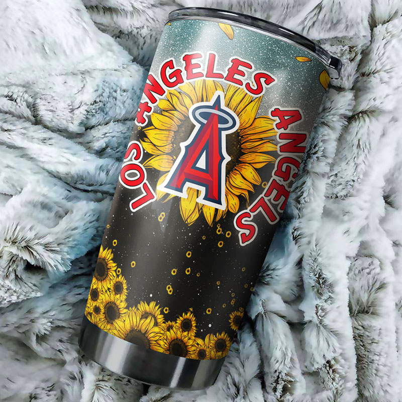 Los Angeles Angels MLB Tumbler with sunflower design and MLB logo - Image 2