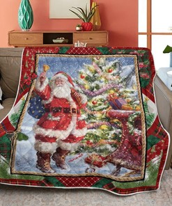 Merry Christmas Quilt Blanket, Christmas Santa Quilt Blanket - Merry Christmas Santa Vintage Quilt Bedding Set
