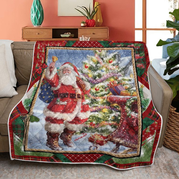 Merry Christmas Quilt Blanket, Christmas Santa Quilt Blanket - Merry Christmas Santa Vintage Quilt Bedding Set