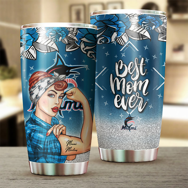 Miami Marlins MLB Tumbler for strong and caring Best Moms Ever with beautiful sunflower and MLB logo
