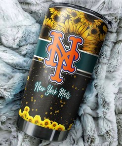New York Mets MLB Tumbler with Beautiful Sunflower Design and MLB Logo