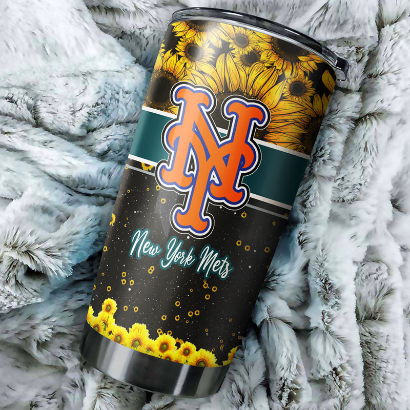 New York Mets MLB Tumbler with Beautiful Sunflower Design and MLB Logo
