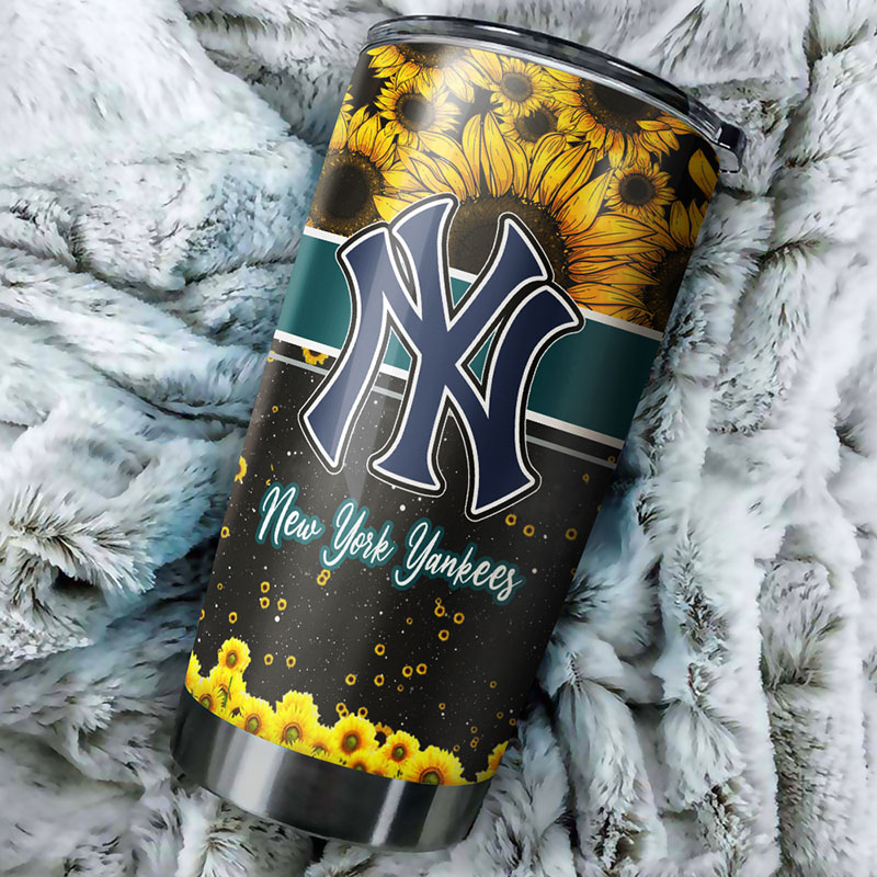 New York Yankees MLB Tumbler with Beautiful Sunflower Design and MLB Logo