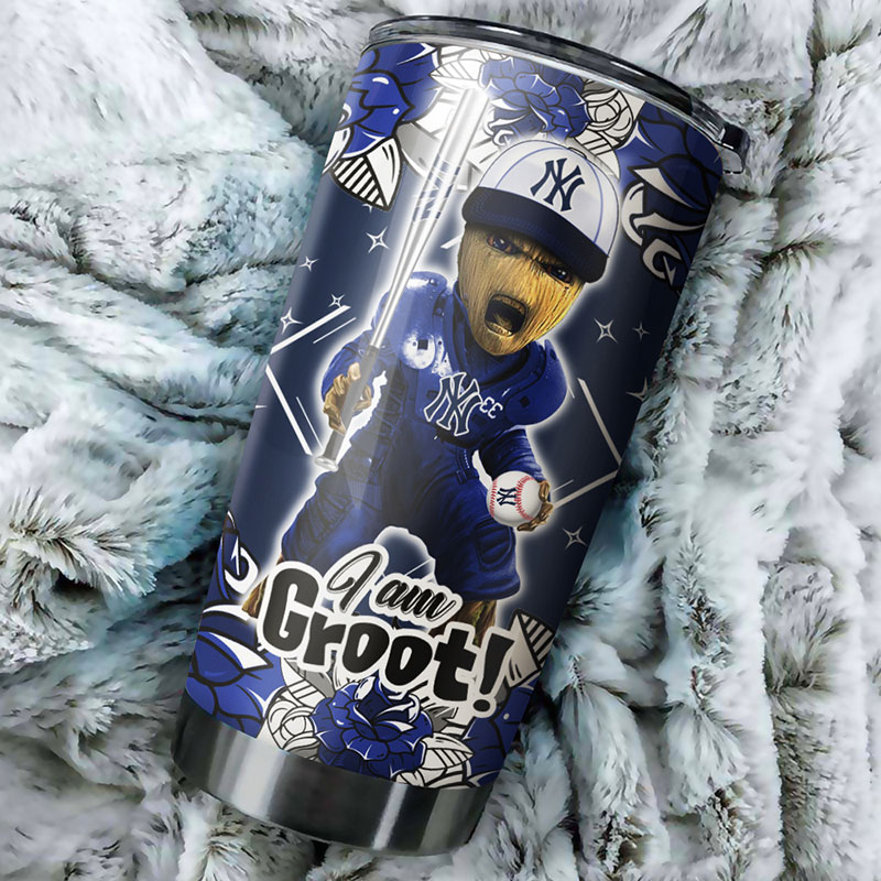New York Yankees MLB Tumbler with I Am Groot quote and MLB logo