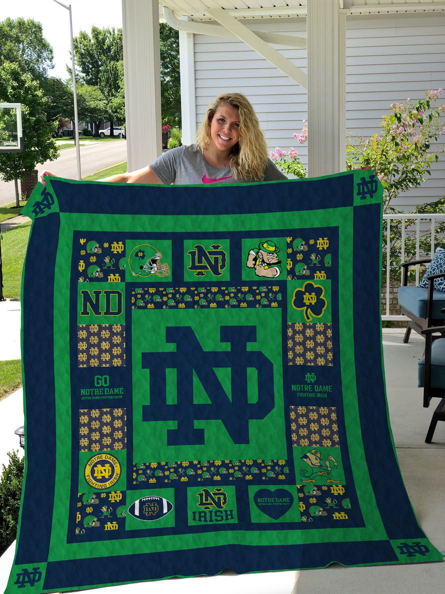 Notre Dame Fighting Irish Green Ncaa Quilt Bedding Set with Soft Quilt Blanket