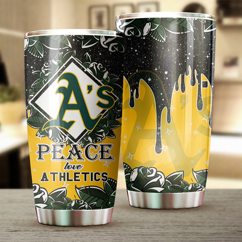 Oakland Athletics MLB Tumbler spreading peace and love with custom MLB logo - Image 2