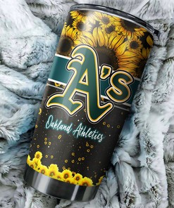 Oakland Athletics MLB Tumbler with Beautiful Sunflower Design and MLB Logo