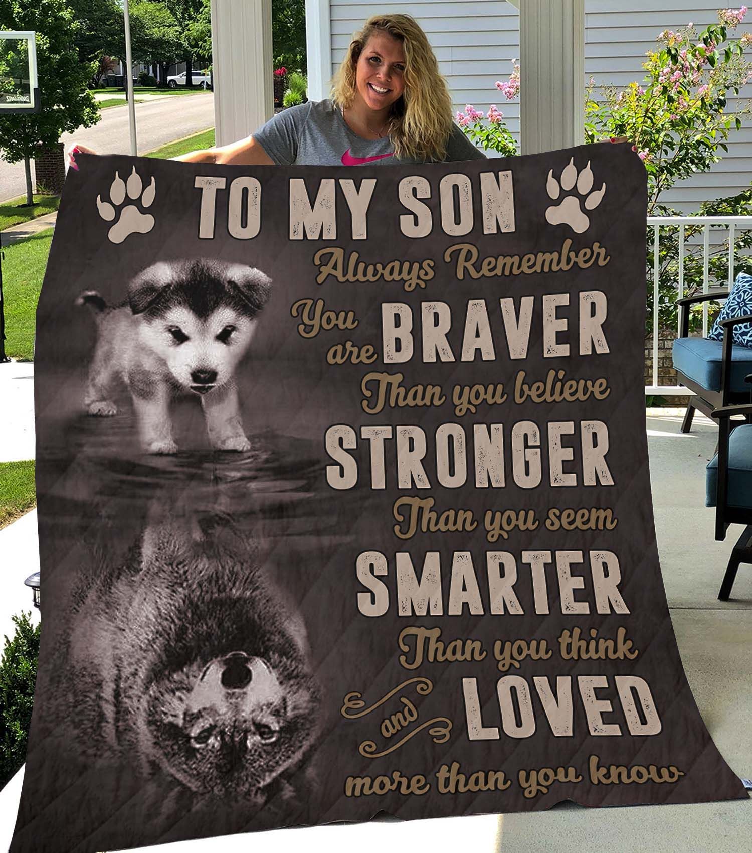 Personalize this quilt blanket with a message for your son, Always Remember You Are Braver