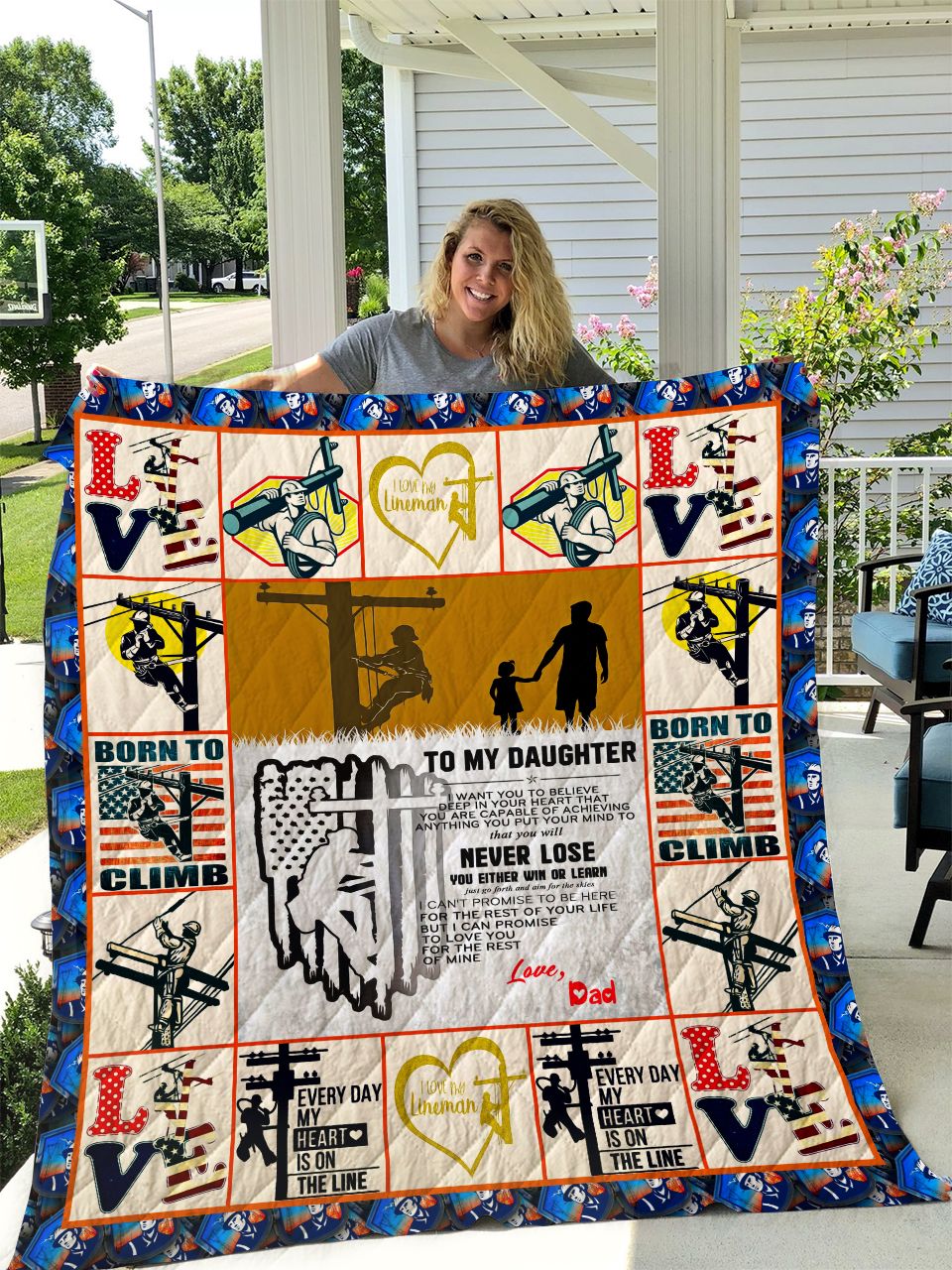 Personalized Quilt Blanket - A Lineman Expressing Belief In His Daughter
