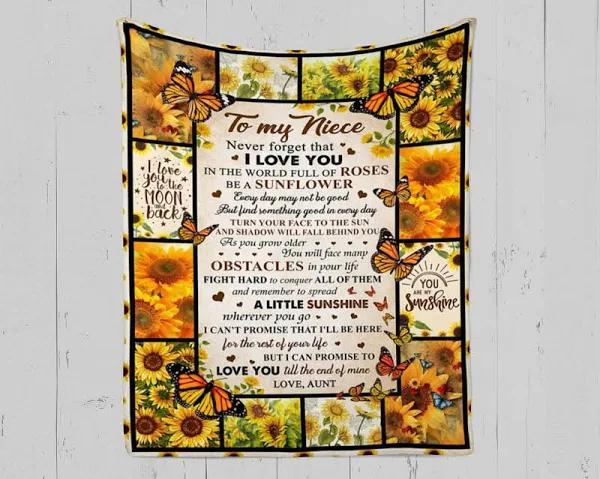 Personalized Sunflower Fleece Blanket for Niece - Perfect Gift from Aunt to Niece