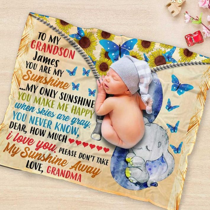 Personalized To My Grandson You Are My Sunshine Elephant Butterflies Baby Blanket for Young Children