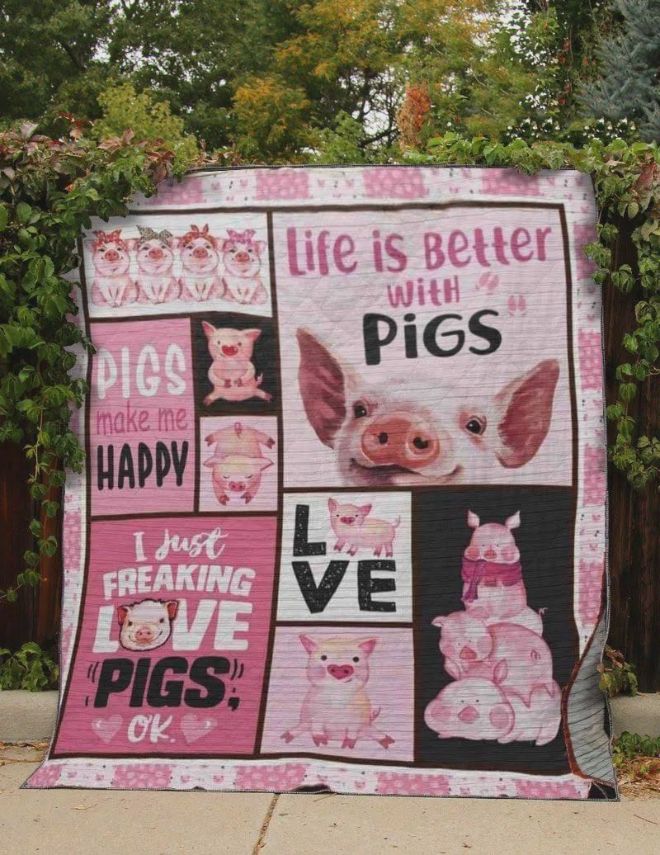 Pig lovers, cuddle up with this Life is Better with Pigs quilt blanket