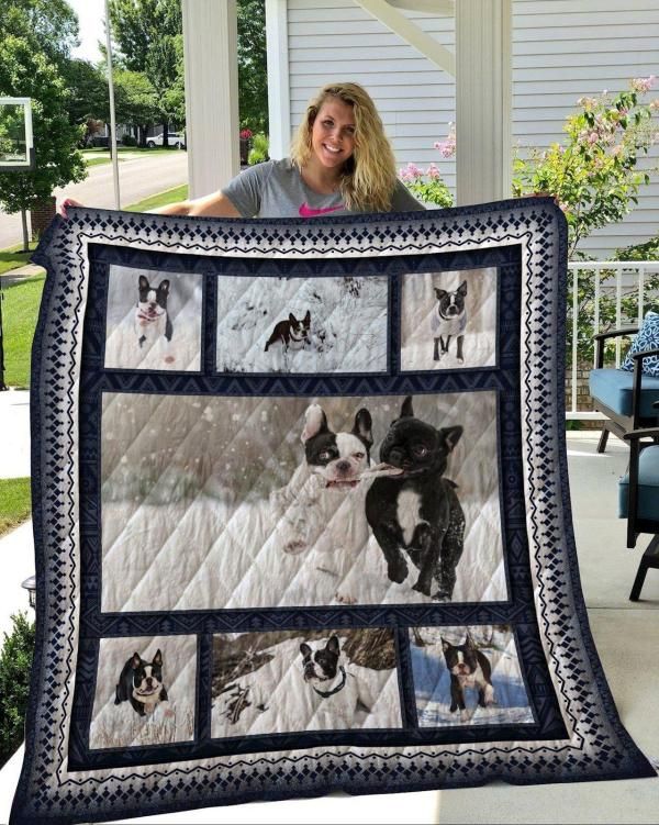 Play with Snow Boston Terrier Quilt Bedding Set with Quilt Blanket, Great Gift for Dog Lovers
