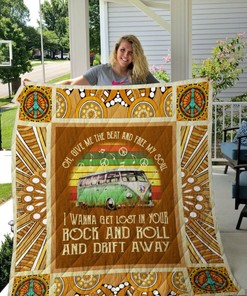 Rock and Roll Drift Away Hippie Van Quilt Blanket
