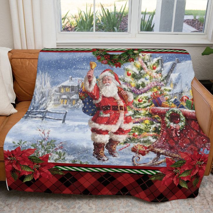 Santa Ringing Bell with Sleigh Inspired Comfy Sofa Throw Blanket Gift - Perfect for Christmas Present