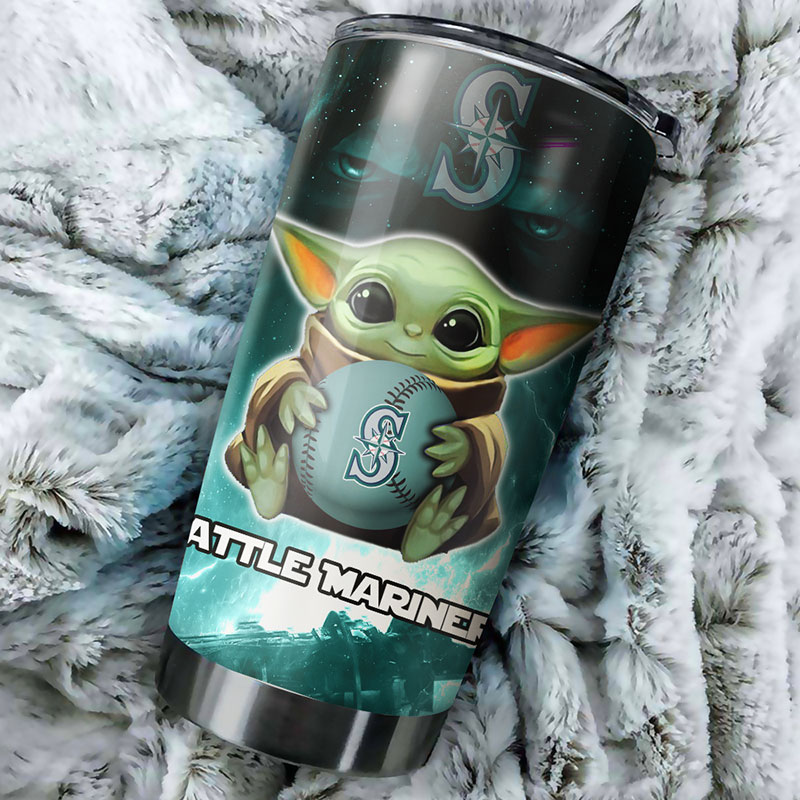 Seattle Mariners MLB Tumbler featuring Baby Yoda and MLB logo