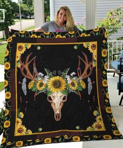 Skull Wearing Sunflower Wreath Sunflower Deer Lo Quilt Blanket with Animal Prints
