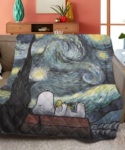Snoopy Peanuts Woodstock Starry Night Quilt Blanket - Personalized Gifts for Art Lovers