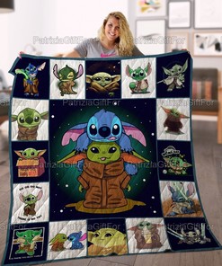 Stitch And Baby Yoda Cute Decor Home Stitch Lover Gift Quilt Fleece Blanket with Quotes, Cute Bed Set for Girls