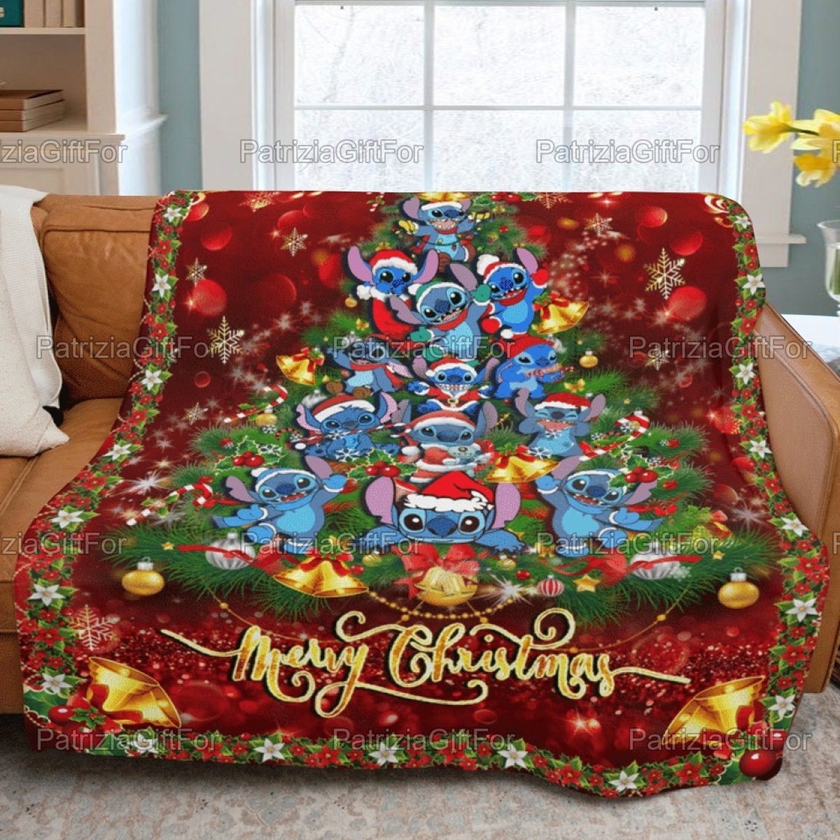 Stitch Tree Christmas Funny Blanket, Christmas Tree Gifts, Stitch Birthday Gifts - Playful and Festive Quilt Set