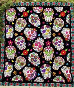 Sugar Skull With Flower Pattern Quilted Bedding Set - For Fans of Sweetness