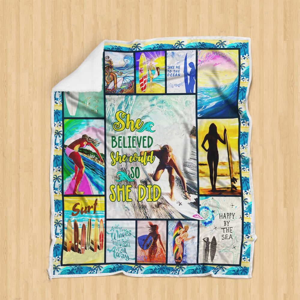 Surfing Girl Happy By The Sea Quilt Blanket - Perfect for Beach Lovers