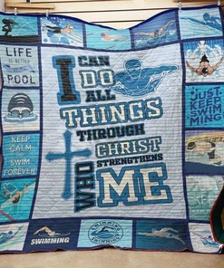 Swimming Christ Who Strengthens Me Quilt Blanket for Religious Inspiration