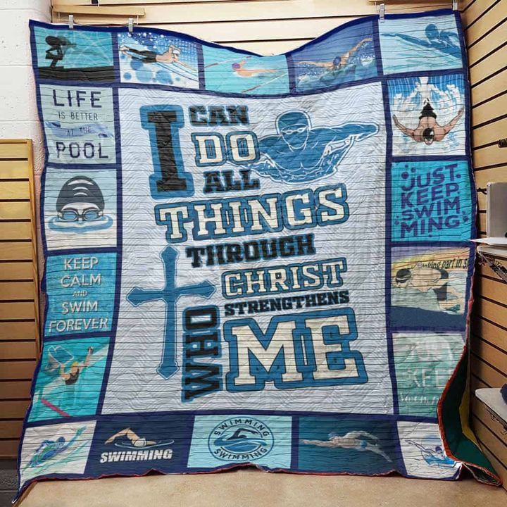 Swimming Christ Who Strengthens Me Quilt Blanket for Religious Inspiration