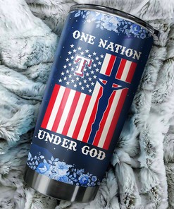 Texas Rangers MLB Tumbler with patriotic One Nation Under God quote and MLB logo