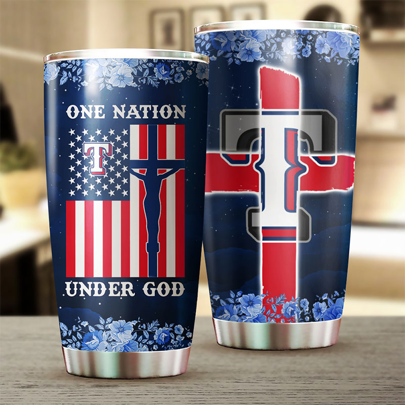 Texas Rangers MLB Tumbler with patriotic One Nation Under God quote and MLB logo - Image 2