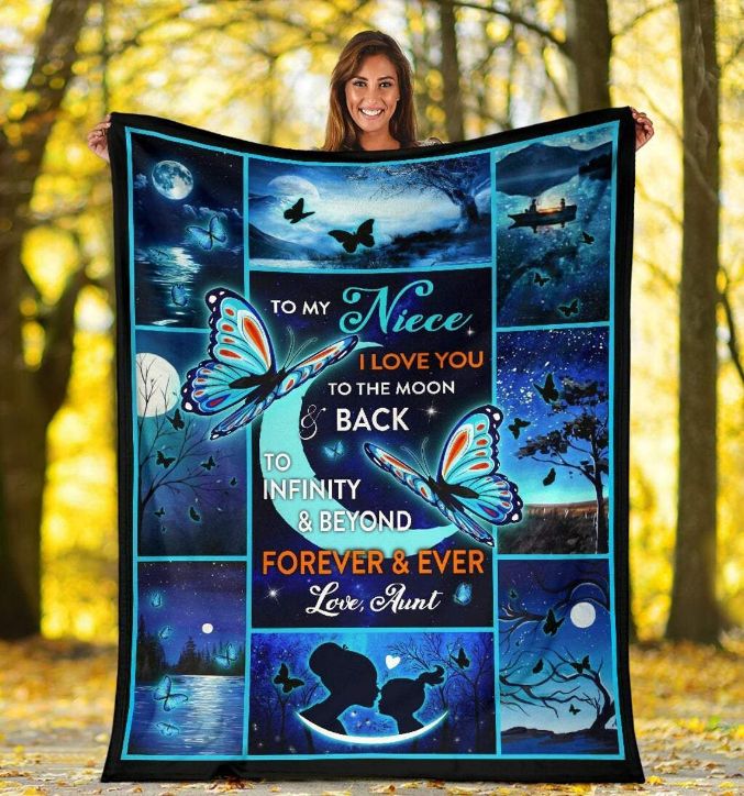 To My Niece I Love You To The Moon And Back Fleece Blanket Animal for Family Birthday Niece Butterflies Lover
